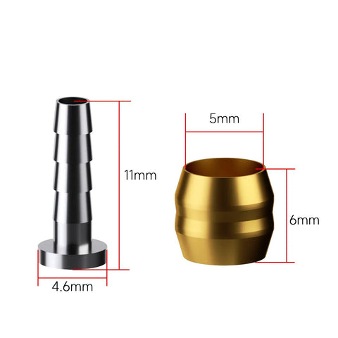 Close-up of 20 Piece Bike Brake Olive And Barb Kit For Hydraulic Disc Brake Hose Repair with brass olive and steel barb dimensions.