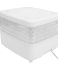 Top Shelf Food Dehydrator With Five Tier Trays And Smart Digital Timer Delivers Effortless 360 Degree Airflow For Drying Beef Jerky Fresh Fruits Crispy Veggies And Weekend Batch Snacks On 160 Watt Us Plug 110V in white, showcasing five transparent trays.