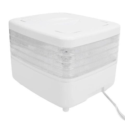Top Shelf Food Dehydrator With Five Tier Trays And Smart Digital Timer Delivers Effortless 360 Degree Airflow For Drying Beef Jerky Fresh Fruits Crispy Veggies And Weekend Batch Snacks On 160 Watt Us Plug 110V in white, showcasing five transparent trays.