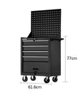 Front view of Beefy Heavy Duty Rolling Tool Box With Five Drawers And Lockable Panels, Steel Cart Tool Chest On Wheels, Black