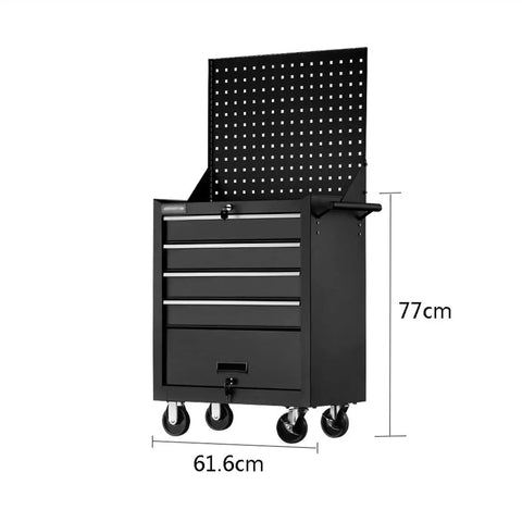 Front view of Beefy Heavy Duty Rolling Tool Box With Five Drawers And Lockable Panels, Steel Cart Tool Chest On Wheels, Black