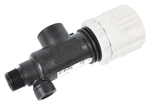 Side view of TeeJet manual pressure relief/regulating valve, black PP body with gray threaded coupling nut