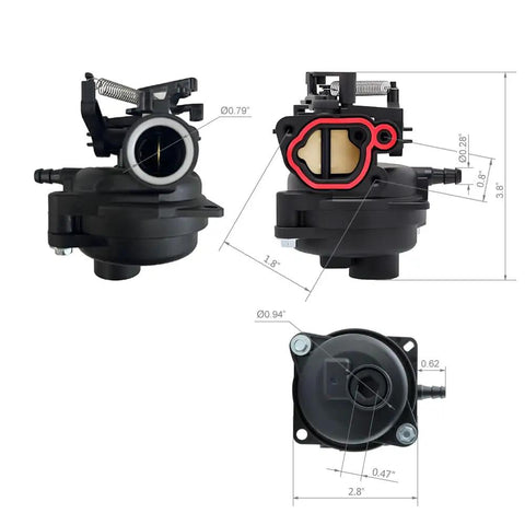 Lawn Mower Carburetor Replacement For 550EX And 625EX 140cc Briggs And Stratton Engines Compatible With Toro 550EX Husqvarna LC 121P And Troy-Bilt TB110 TB200, black carburetor with measurements