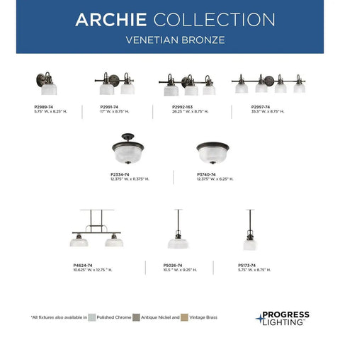 Archie Collection lighting fixtures in Venetian Bronze, showcasing various styles including 4-Light Bath Vanity Light with prismatic glass.
