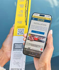 Rain-X WeatherBeater 22-inch windshield wiper blades, pack of 2, yellow box; smartphone shows installation guide