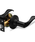 Entry Lever Door Handle With Lock And Two Keys For Office Or Front Door In Iron Black Finish Reversible Shown at Side Angle