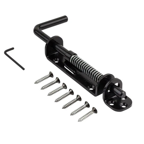 Heavy Duty Spring Loaded Sliding Door Bolt Lock Built Like An Absolute Tank Steel Gate Latch with screws and wrench, 7.2x11.2 inches.