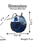 One Person Camping Dish Table Set For Outdoors Washable Reusable Polypropylene Dinnerware Kit in mesh bag with dimensions