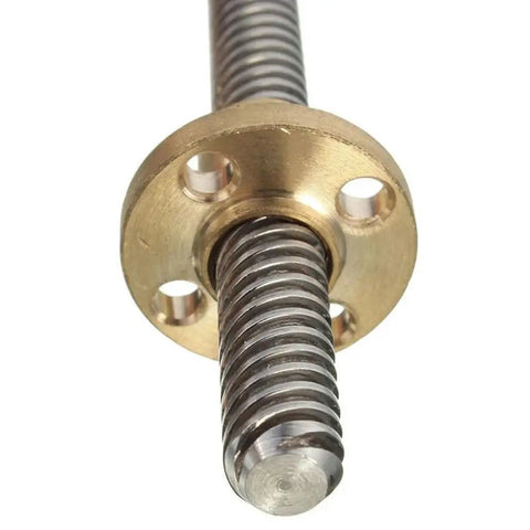 Close-up of T20 Lead Screw with 4mm Pitch and brass nut for CNC machining and 3D printers.