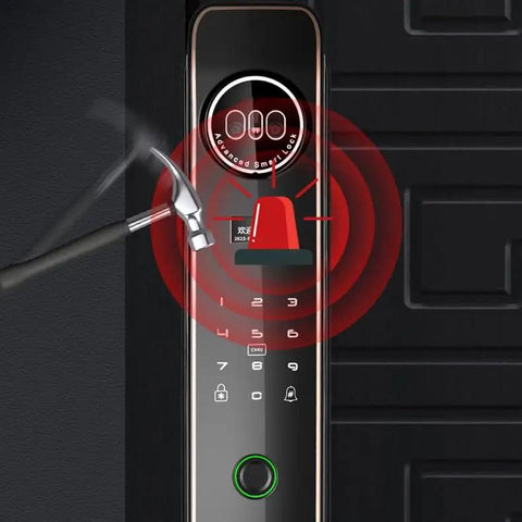 Heavy Duty Fingerprint Smart Door Lock With Waterproof Touchpad And Advanced Security Alarms For Front Entry showing alarm feature on keypad.