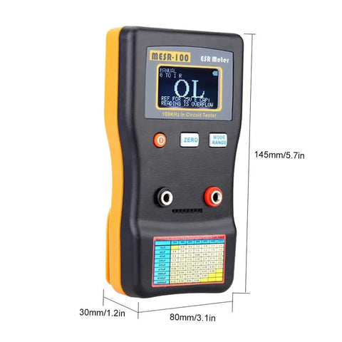 Pro Grade Capacitor ESR And Ohm Meter V2 With Auto Ranging 0.001 To 100.0 Ohms, SMD Test Clip, In Circuit Testing, front view with dimensions