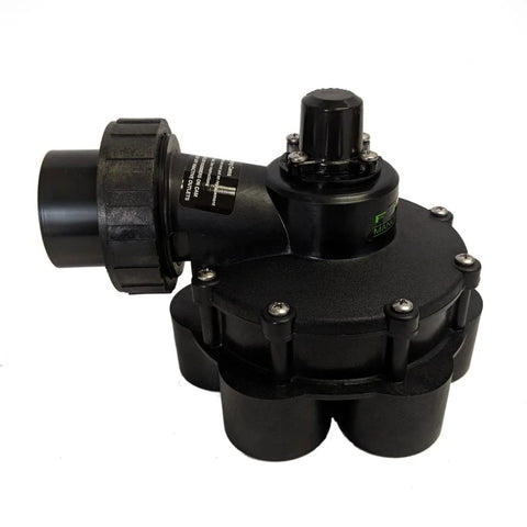 FIMCO 1-1/2 in 6-outlet hydro indexing irrigation valve, black plastic with 5–6 zone cams.