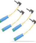 Front view of four Mercedes brake pad wear sensors with blue housings and yellow wires
