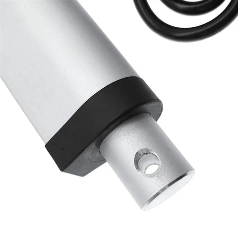 Heavy Duty Electric Linear Actuator Delivering Knockout Power And Smooth Precise Travel For Pro Robotics Smart Automation Systems And Weekend Workshop Builds Using Strong Dc 12v close-up of actuator motor end with silver and black casing.