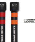 Close-up of 1/2 and 9/16 inch nut drivers with color-coded grips from Six Hex Size Hollow Magnetic Nut Driver Set With Extended Reach.