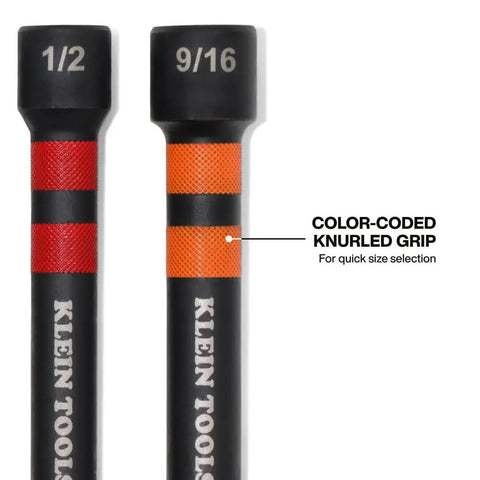 Close-up of 1/2 and 9/16 inch nut drivers with color-coded grips from Six Hex Size Hollow Magnetic Nut Driver Set With Extended Reach.
