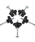 M6 X 75mm T Track Bolts Star Knob Kit For T Slot Tracks 3 Inch With Washers 5 Pack, ideal for woodworking jigs, shown in star layout