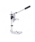 Drill Press Stand with Adjustable Depth Control and Vertical Support, Double Hole Aluminum Base, Hand Drill Mount for Steady, Precise Drilling in the Workshop, Sturdy Metal Construction and Easy Setup, side view showing adjustable lever and stable base.