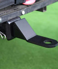 Close-up of Premium Golf Cart Trailer Hitch Receiver Universal Fit For Club Car Ezgo Yamaha heavy duty tow setup attached.