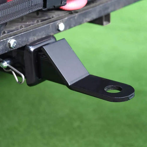 Close-up of Premium Golf Cart Trailer Hitch Receiver Universal Fit For Club Car Ezgo Yamaha heavy duty tow setup attached.