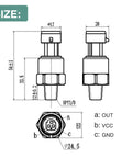 Diagram of stainless steel pressure transducer sensor with connector, one-eighth inch NPT fitting, 30 PSI, 54mm height