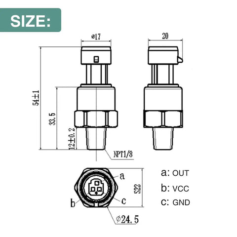 Diagram of stainless steel pressure transducer sensor with connector, one-eighth inch NPT fitting, 30 PSI, 54mm height