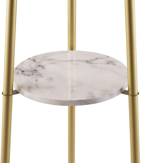 Close-up of faux marble shelf on Dope Modern Floor Lamp With Faux Marble Shelves And Fabric Shade, Tall Standing Reading Light.