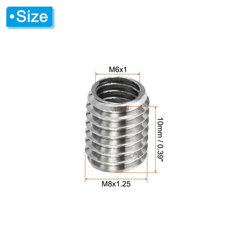 PATIKIL stainless steel thread adapter sleeve M8x1.25 to M6x1.0, 10 mm length, set of 10, close-up view