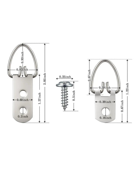 140 Piece Rock Solid D Ring Picture Hanger Screw Kit With Single And Double Hole D Rings For Hanging Heavy Frames Mirrors Canvas Wall Art With Easy Mounting Hardware For Quick Room Glow Up, showing size and dimensions.