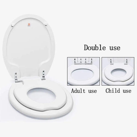 Heavy Duty Family Toilet Seat With Smooth Soft Close Lid And Quick Release Hinges Featuring Built In Kiddo Potty Training Pad White Comfort Fit Fast Setup, shown with adult and child use options.