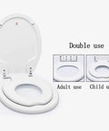 Slick Soft Close Family Toilet Seat With Quick Release Hinges And Built In Toddler Potty Seat Straight Up Solid Construction No Fuss Setup White, showing adult and child use options.