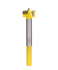 Front view of a 19mm carbide hinge-hole drill bit with yellow tip and silver shank