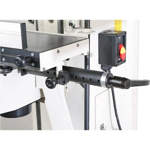 Close-up of the Bad Ass Heavy Duty Horizontal Slot Mortiser with adjustable carriage handle and cast steel table.
