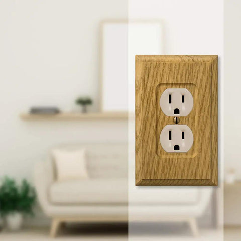 Wood Wall Plate With Light Oak Finish For Duplex Outlet Cover 1 Pack Modern Rustic Style Classic Yet Sleek Home Improvement Decor Upgrade That Blends With Any Paint Finish Or Decor displayed in living room setting