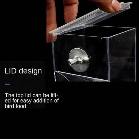 Close-up of Dope Game Changer No Mess Bird Feeder for Cage with open lid design for easy bird food access.