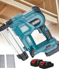Badass Cordless 2 In 1 Brad Nailer And Tacker With 21V Rechargeable Battery, showing tool, straight nails, two batteries.