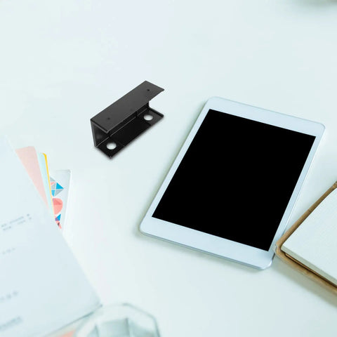 Under Desk Laptop Mount Holder With Keyboard Shelf And Router Stand Heavy Duty Steel Bracket black mount on a desk with tablet.