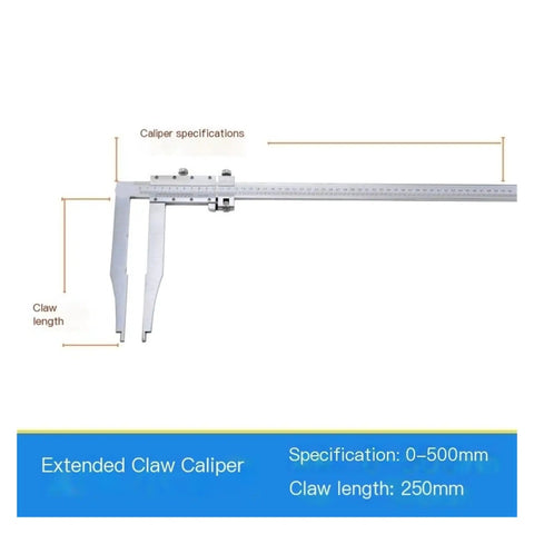 Vernier Caliper 0-500mm 150-300mm Stainless Steel with 250mm claw length and specifications displayed