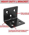 20 Piece Heavy Duty Stainless Steel Corner Braces Six Hole L Shape Metal Brackets For Wood Shelves Cabinet Furniture Shelf Framing Reinforcement Right Angle Joint Hardware Built Tough To Keep Things Rock Solid, matte black L bracket close-up.
