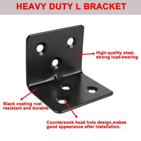 20 Piece Heavy Duty Stainless Steel Corner Braces Six Hole L Shape Metal Brackets For Wood Shelves Cabinet Furniture Shelf Framing Reinforcement Right Angle Joint Hardware Built Tough To Keep Things Rock Solid, matte black L bracket close-up.
