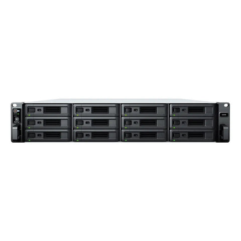 Heavy Duty Built Like A Tank 12 Bay Rack Mount Nas Server front view showcasing twelve drive bays and power controls.
