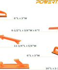 Deluxe Featherboard Safety Kit with long and short hold down push blocks, V stick, and straight push stick dimensions.