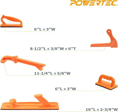 Deluxe Featherboard Safety Kit with long and short hold down push blocks, V stick, and straight push stick dimensions.