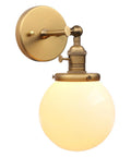 Vintage Wall Sconce Lighting Fixture With 5.9-Inch Round Milk White Hand Blown Glass Globe Shade Hardwired Mount Antique Brass Finish