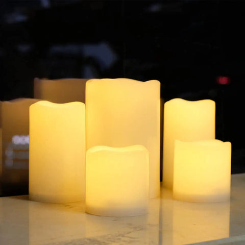 Outdoor IP44 Weatherproof 4x6 Inch Warm White LED Flameless Pillar Candles Set Of 2 With Remote And Timer Resin Display