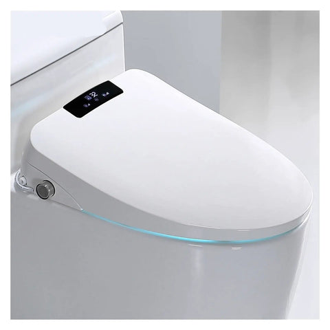 Next Level Smart Toilet Cover Featuring Heated Bidet Spray And Auto Open Close Lid Wireless Remote Bathroom Essential Fits Standard Bowls Heavy Duty Knockout Comfort, white toilet lid with digital control panel.