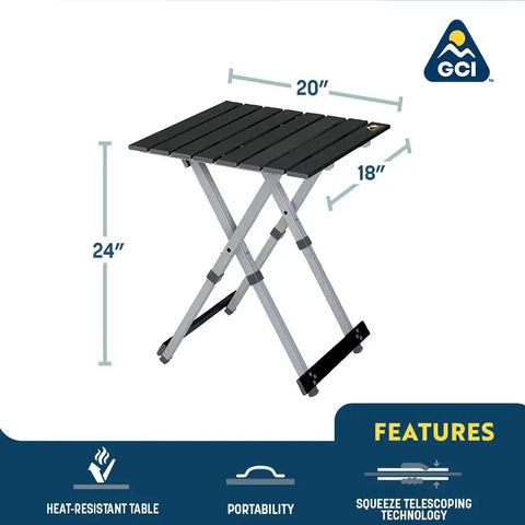 Compact Camp Table 20 For Outdoor Dining And Travel Foldable One Piece Design with heat resistant top and measurements shown