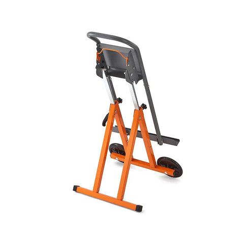 Orange and gray Next Gen Panel Carrier and Panel Dolly, Table Saw Feed Stand with adjustable height and wheels, rear view.