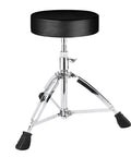 Universal Drum Throne With Hella Comfortable Rounded Seat And Double Braced Build featuring black round seat and chrome base.