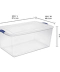 Super Size 105 Quart Clear Plastic Storage Bin With Blue Latching Lid For Big Hauls And House Decluttering, showing dimensions and design.